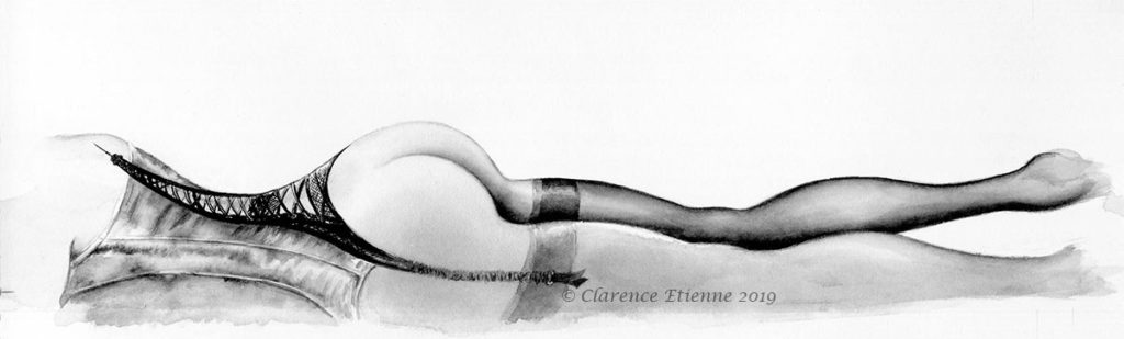 Aquarelle, fessier et bustier porte-jarretelles, illustration pour "Paris Derrière", Clarence Etienne