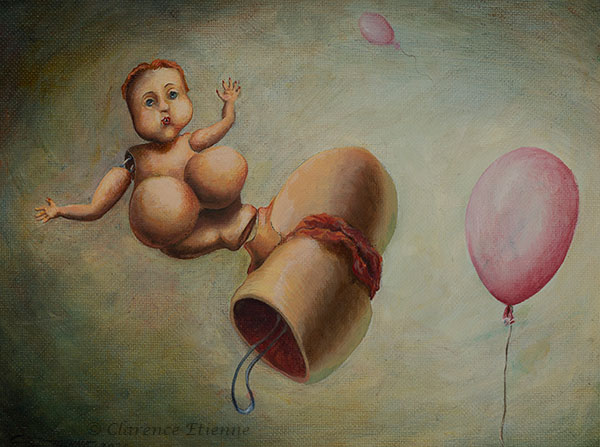 peinture à l'huile, poupée gonflée comme un ballon, chatte à l'air qui s'envole