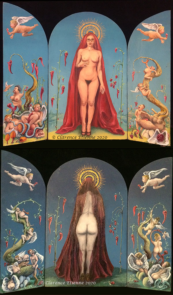 Pièce réalisée à partir d’un projet autour de « La Mariée mise à nu par ses Célibataires, même
 » de Marcel Duchamp. J’ai choisi le prêtre, qui s’inscrit dans une série de représentations grotesques, mais respectueuses, d’une l’iconographie revisitée des bondieuseries que j’affectionne tout particulièrement.
